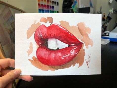 Red Lips Painting Original Watercolor Art Sexy Lips Wall Art Etsy