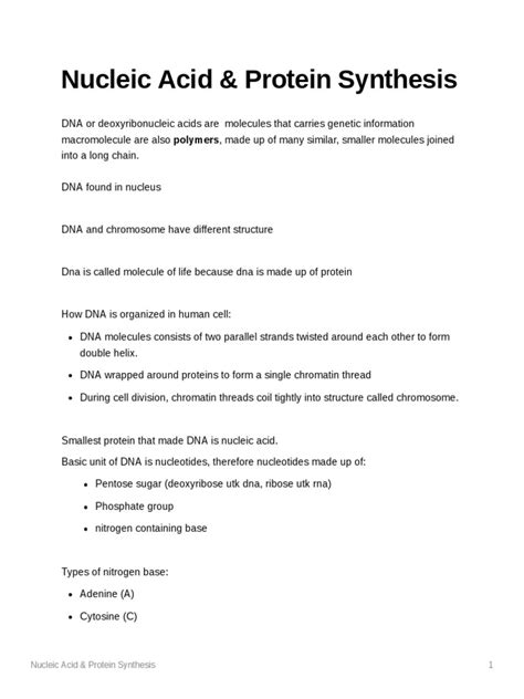 Nucleic Acid and Protein Synthesis | PDF