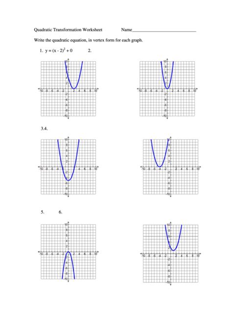 Quadratic Function Transformations Worksheet