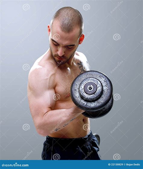 Dumbells De Levantamento Do Homem Novo Masculino E Apto Imagem De