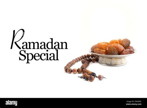 Ramadan Special Text With Dates Or Kurma Fruits And Rosary Beads Or