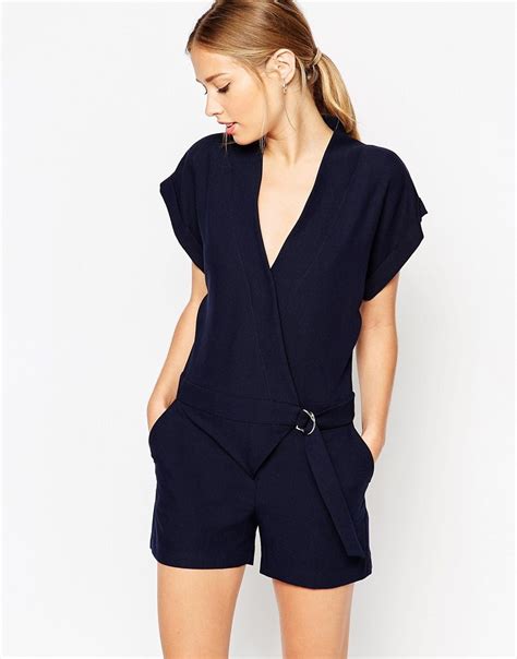 Asos Wrap Front Romper With D Ring Love This One Playsuit Jumpsuit Navy Romper Rompers