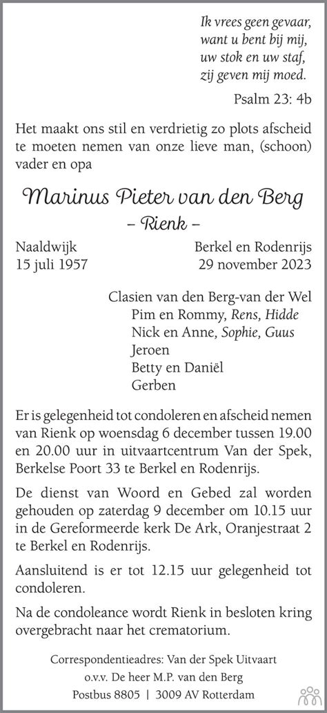 Marinus Pieter Rienk Van Den Berg 29 11 2023 Overlijdensbericht En