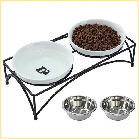 Foreyy Elevated Cat Bowls With 2 Ceramic Bowls And 2 Stainless Steel