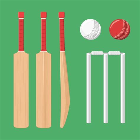 Premium Vector | Cricket bat red white ball and wicket set flat vector ...