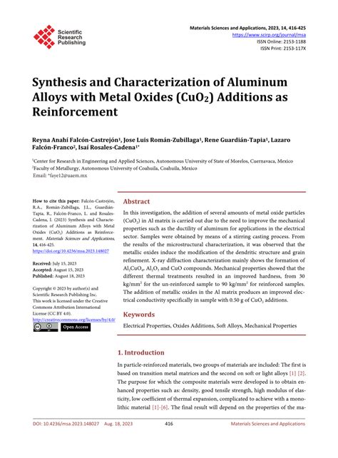 Pdf Synthesis And Characterization Of Aluminum Alloys With Metal