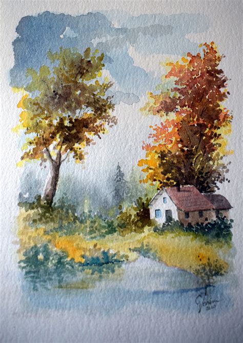 Aquarelle Paysage De Campagne Originale Et Unique La Maison Au Bord De