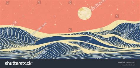 Ocean Wave Landscape Illustration Vintage Style Stock Vector Royalty