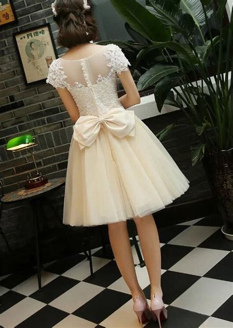 Light Champagne Tulle Short Party Dress Lace Applique With Beadings