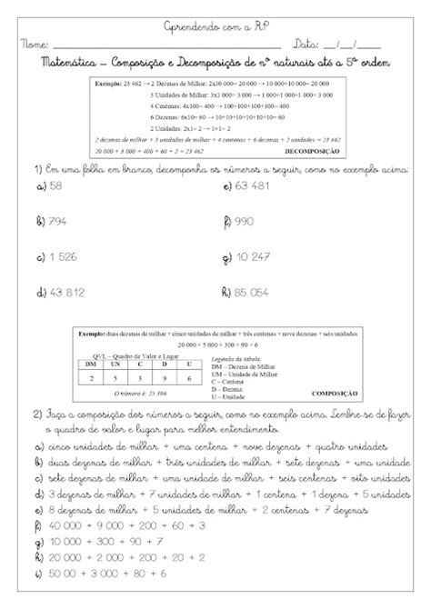 Aprendendo No Rp Vidinha Pires Composição E Decomposição De Números Naturais Até A 5ª Ordem