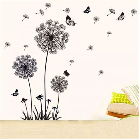 Наклейка на Стену Декоративная Виниловая Черная Одуванчики и Бабочки ...