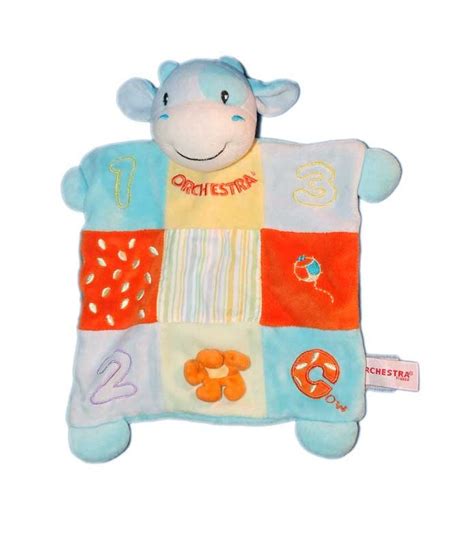 Doudou Plat Vache 123C Bleue Orange Orchestra Grelot