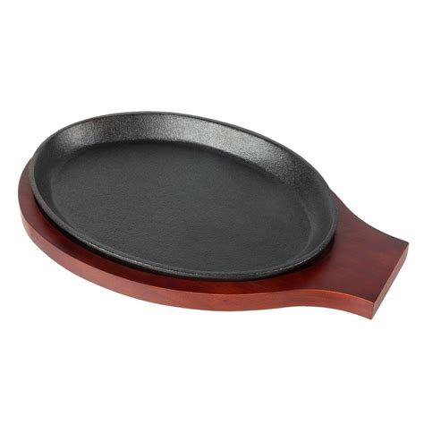 Choice 9 14 X 7 Oval Cast Iron Fajita Pan Set With Mahogany Wood