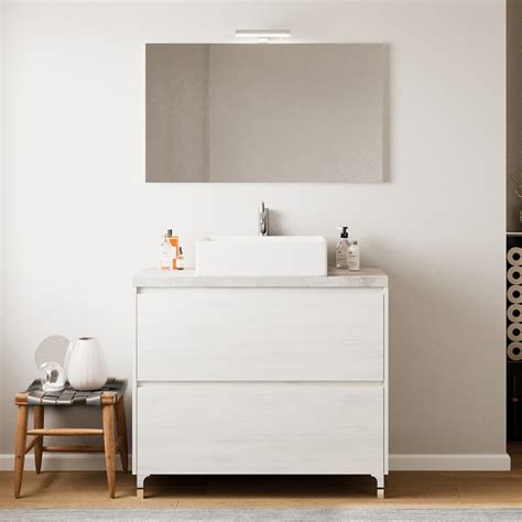 Mobile Bagno A Terra 80 Rovere Bianco Top Cenere Con Specchio LED Lisbona