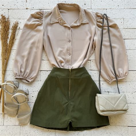 CAMISA BUFANTE ELÁSTICO NA MANGA NUDE Dondoca Moda Feminina