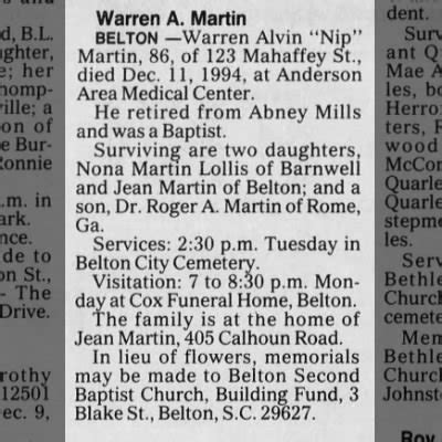 Obituary For Warren Alvin Martin Aged 86 Newspapers