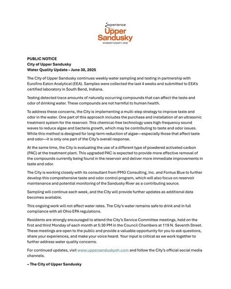 City - PUBLIC NOTICE City of Upper Sandusky Water Quality Update – June ...