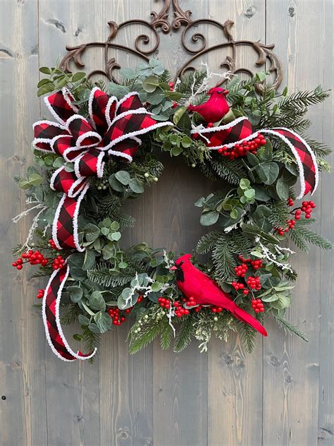 Cardinal Wreath For Front Door Red Cardinal Door Hanger Red Etsy