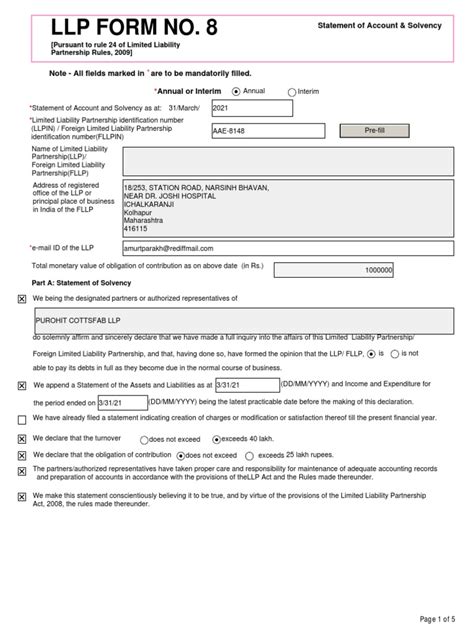 LLP Form No. 8: Statement of Account & Solvency | PDF | Expense | Limited Liability Partnership