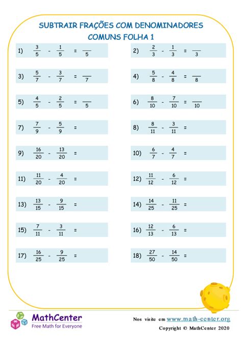 Terceiro Ano Planilhas Subtração De Frações Math Center