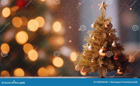 Gold Christmas Background Of De Focused Lights With A Decorated Tree