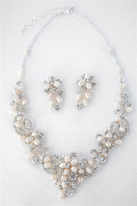 Wedding Necklace Of Rhinestone Swirls And Ivory Pearls Bridal