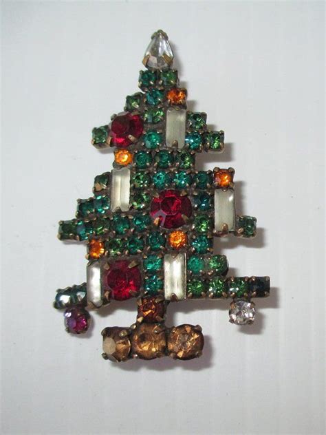 Weiss 5 Candle Rhinestone Christmas Tree Pin Brooch 1950s Red Candles