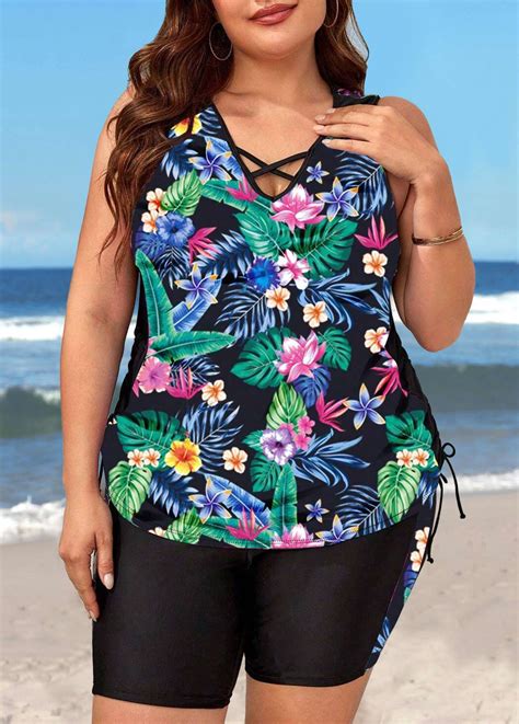 Black Plus Size Floral Print Criss Cross Tankini Set Rosewe Usd