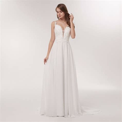 Spaghetti Strap Deep V Neck White Chiffon Backless Beach Wedding Dress