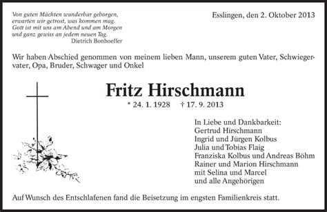 Traueranzeigen Von Fritz Hirschmann Zeit Des Gedenkens De