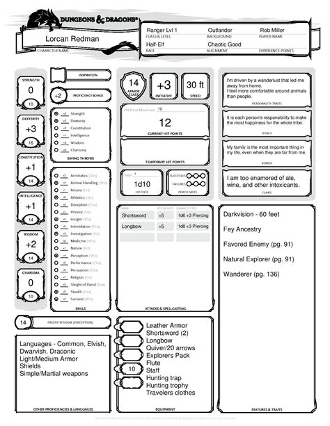 Half-Elf Ranger D&D5E Character Sheet