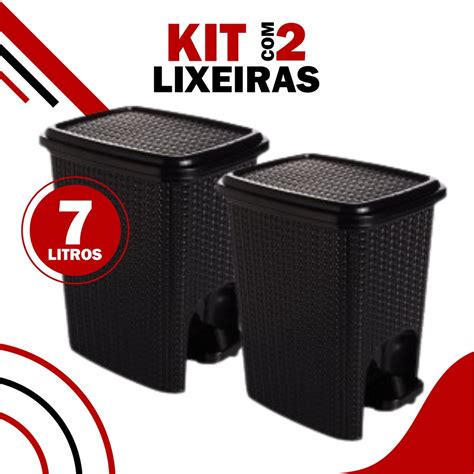 Kit Lixeiras Rattan Cozinha Banheiro Escrit Rio Litros Preta C