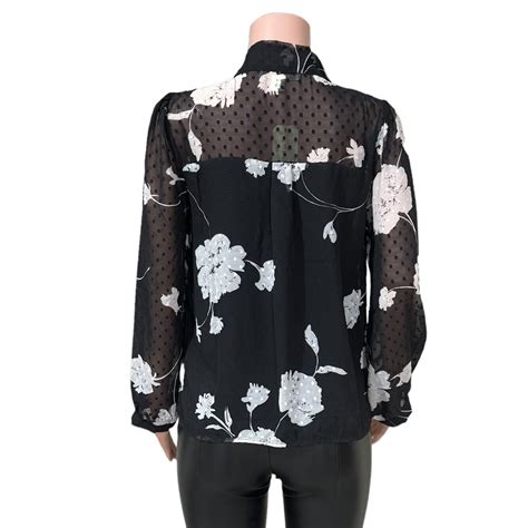 Monteau Los Angeles Black And White Swiss Dot Sheer Floral Print Blouse