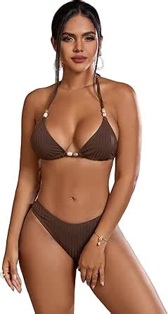 Amazon BEAUDRM Women S 2 Piece Solid Ribbed Knit Bikini Halter Tie Side Triangle Set High