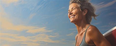 Premium Photo Closeup Portrait Of A Happy Smiling Mature Woman Standing On The Beach With A