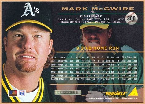 1994 Pinnacle Baseball 300 Mark McGwire NM MT EBay