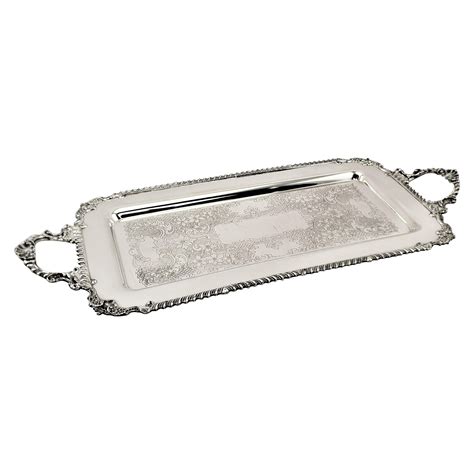 Antique Rectangular Silver Plated Serving Tray With Stylized Floral