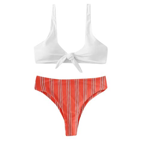 Split Bikini Female Swimsuit Stripe Sexy Solid Color Women S Swimwears Tankinis Set Body Suits