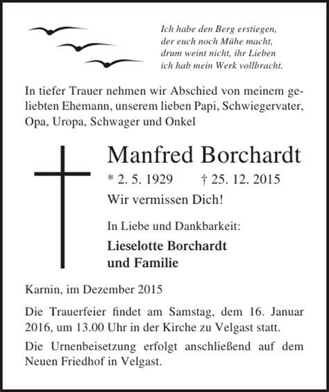 Traueranzeigen Von Manfred Borchardt Trauer Anzeigen De