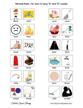 Minimal Pairs Long A E Vowels 5 Pgs Speech Therapy Articulation