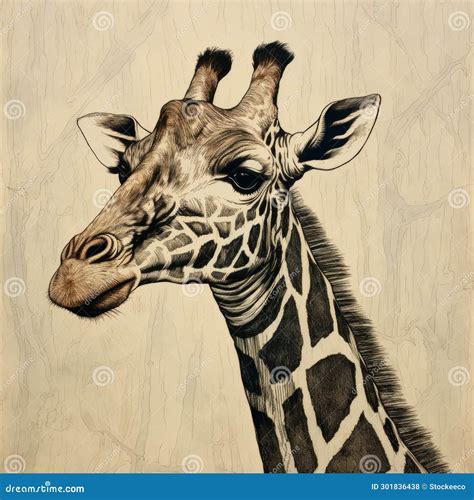 Hyperrealistic Woodcut Inspired Giraffe Head And Neck Illustration