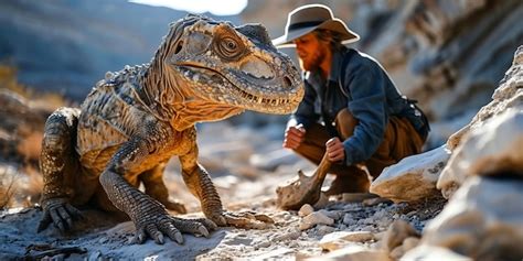 Paleont Logo Estudiando Un Dinosaurio En El Desierto Un Investigador