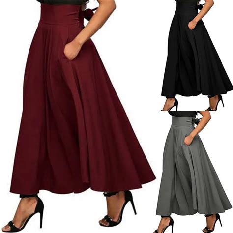 Vintage Women High Waist Long Skirt Flared Pleated Bandage Long Skirt