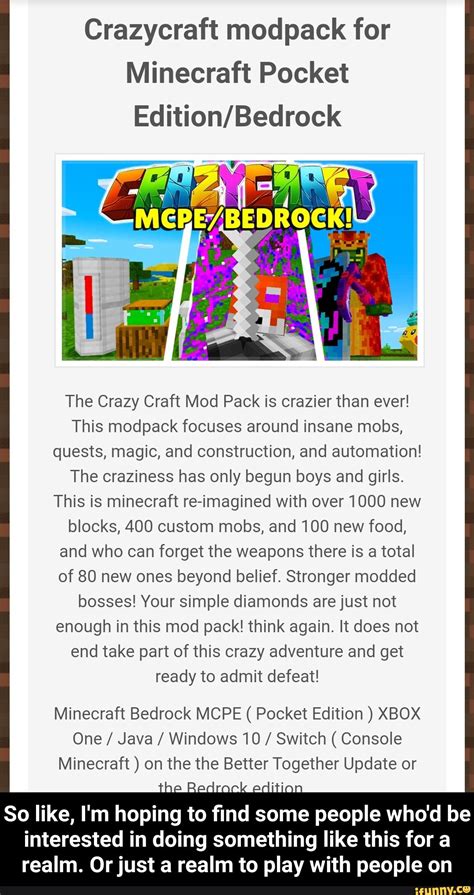 Crazycraft modpack for Minecraft Pocket Edition/Bedrock The Crazy Craft Mod Pack is crazier than ...