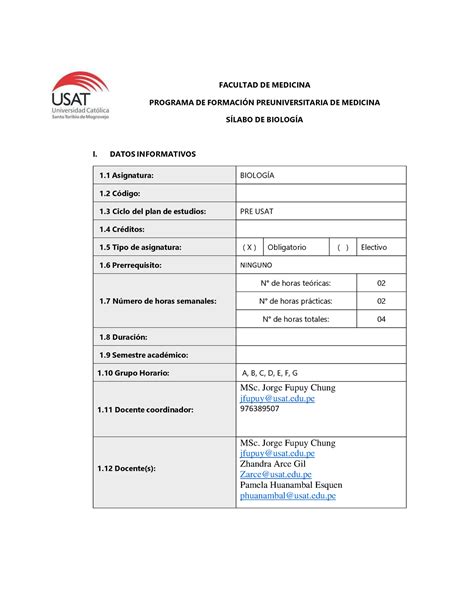 Sílabo Biología Preusat FACULTAD DE MEDICINA PROGRAMA DE FORMACIÓN