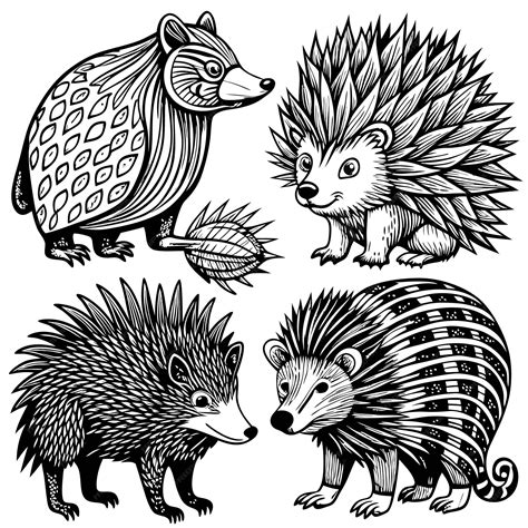 Four black and white line drawings of spiky animals a porcupine a