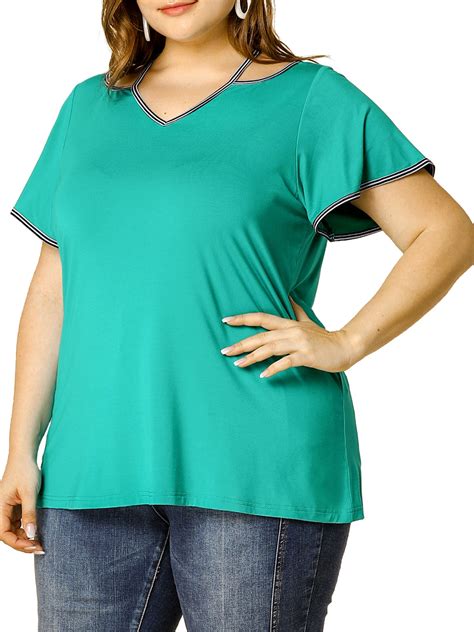 Unique Bargains Womens Plus Size V Neck Ruffle Short Sleeve Summer Top