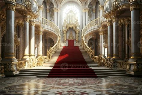 Interior Of Royal Palace With Red Carpet And Stairway 3d Render Ai