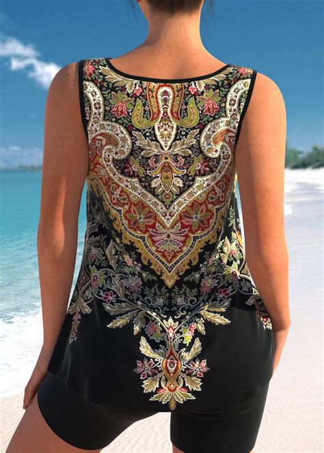 Metal Ring Tribal Print Black Tankini Top Modlily USD 39 98