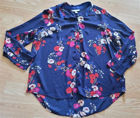 Womens Popsugar Xxl Blue Floral Print Button Up Hi Lo Shirt Blouse Long Sleeve Ebay